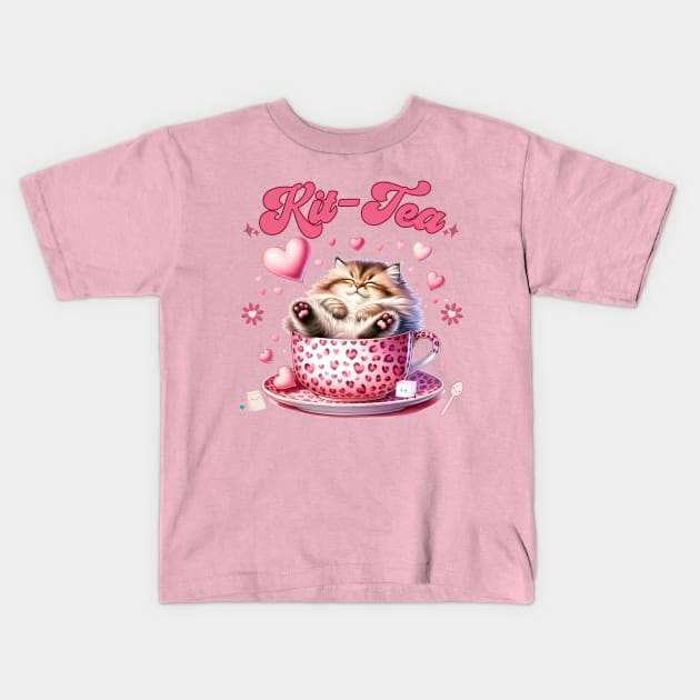 Retro Cute Cat and Tea Kids T-Shirt by Hypnotic Highs